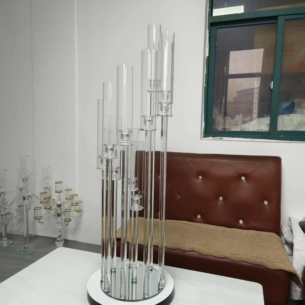 Crystal Glass Candelabra Pillar Candle Holders