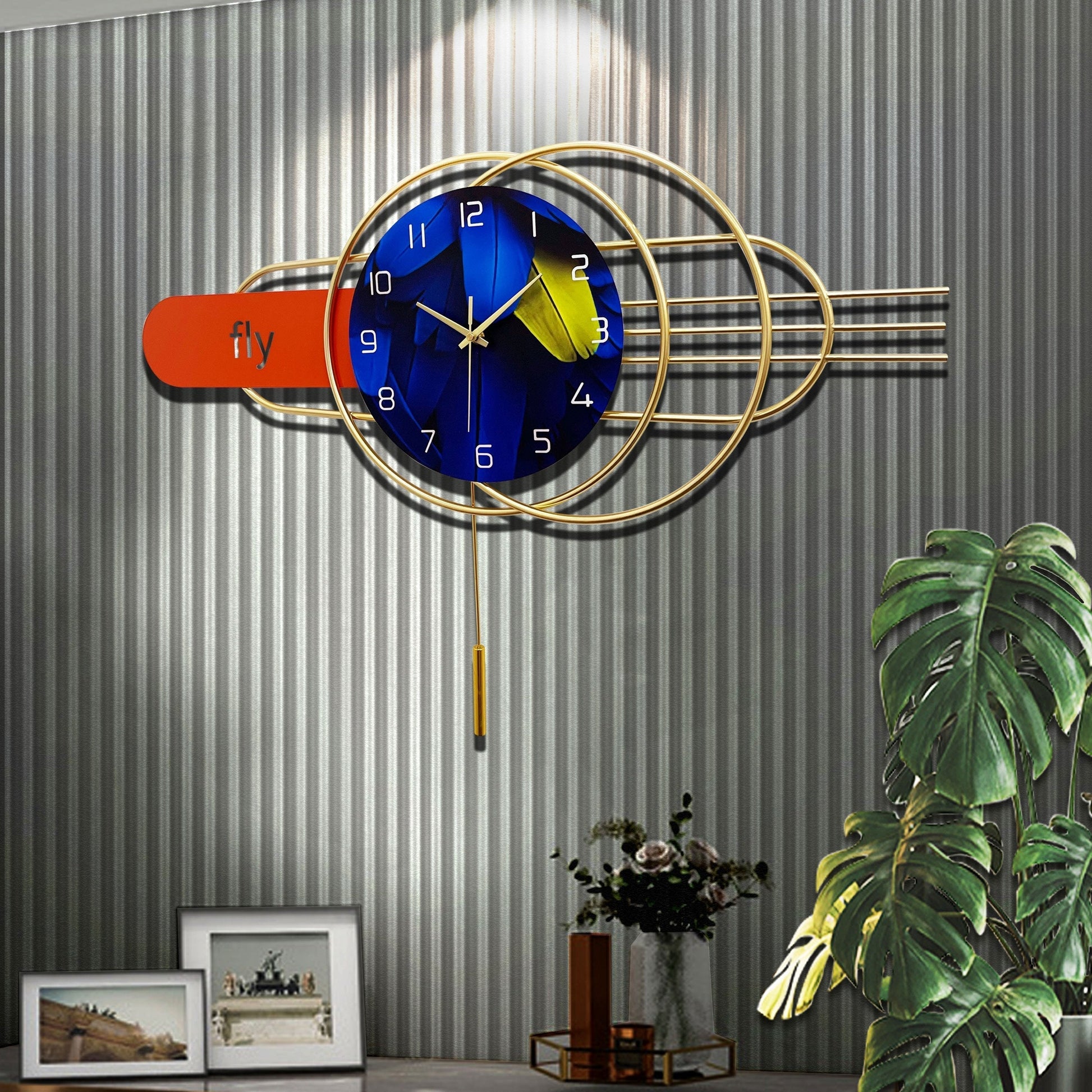 Artistic Geometric Metal Wall Clock with Pendulum Creative Home Decor 