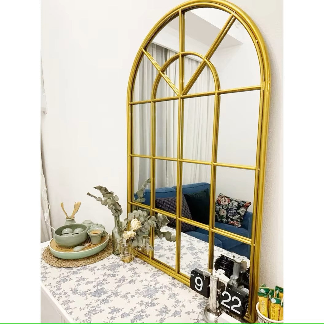 Arched Window Gold Metal Wall Mirror