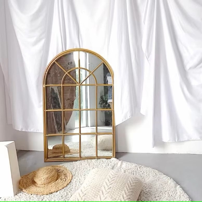 Arched Window Gold Metal Wall Mirror