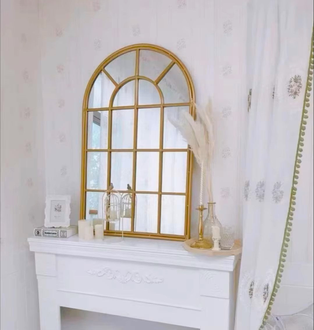 Arched Window Gold Metal Wall Mirror