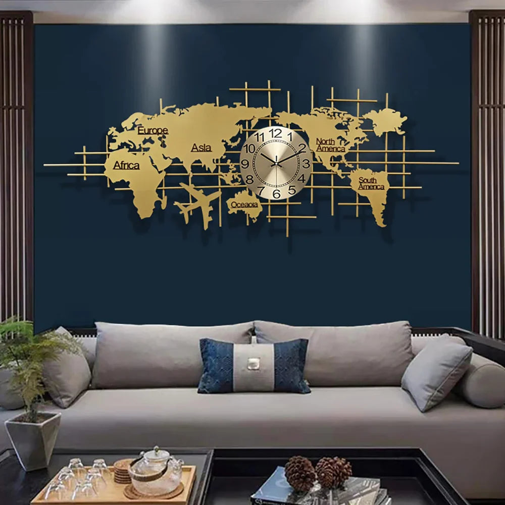 3D Metal large World Map Wall Clock Golden Metal Home Decor