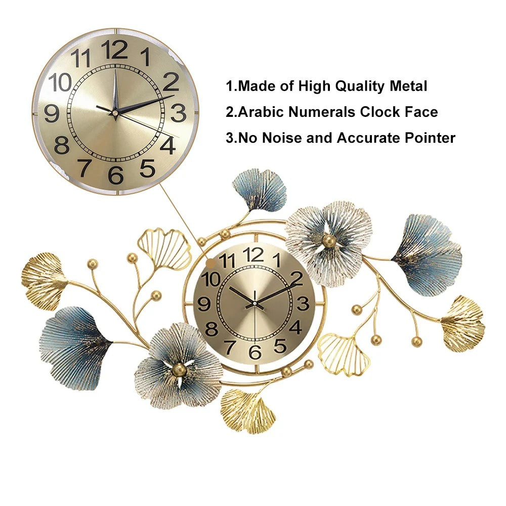 Light Luxury 3D Metal Ginkgo Leaves Wall Clock