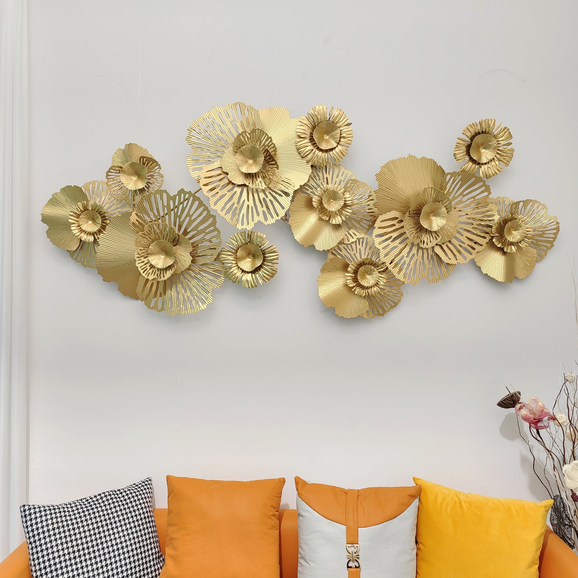 Handcrafted 3D Hollow Gold Metal Flower Wall Accent