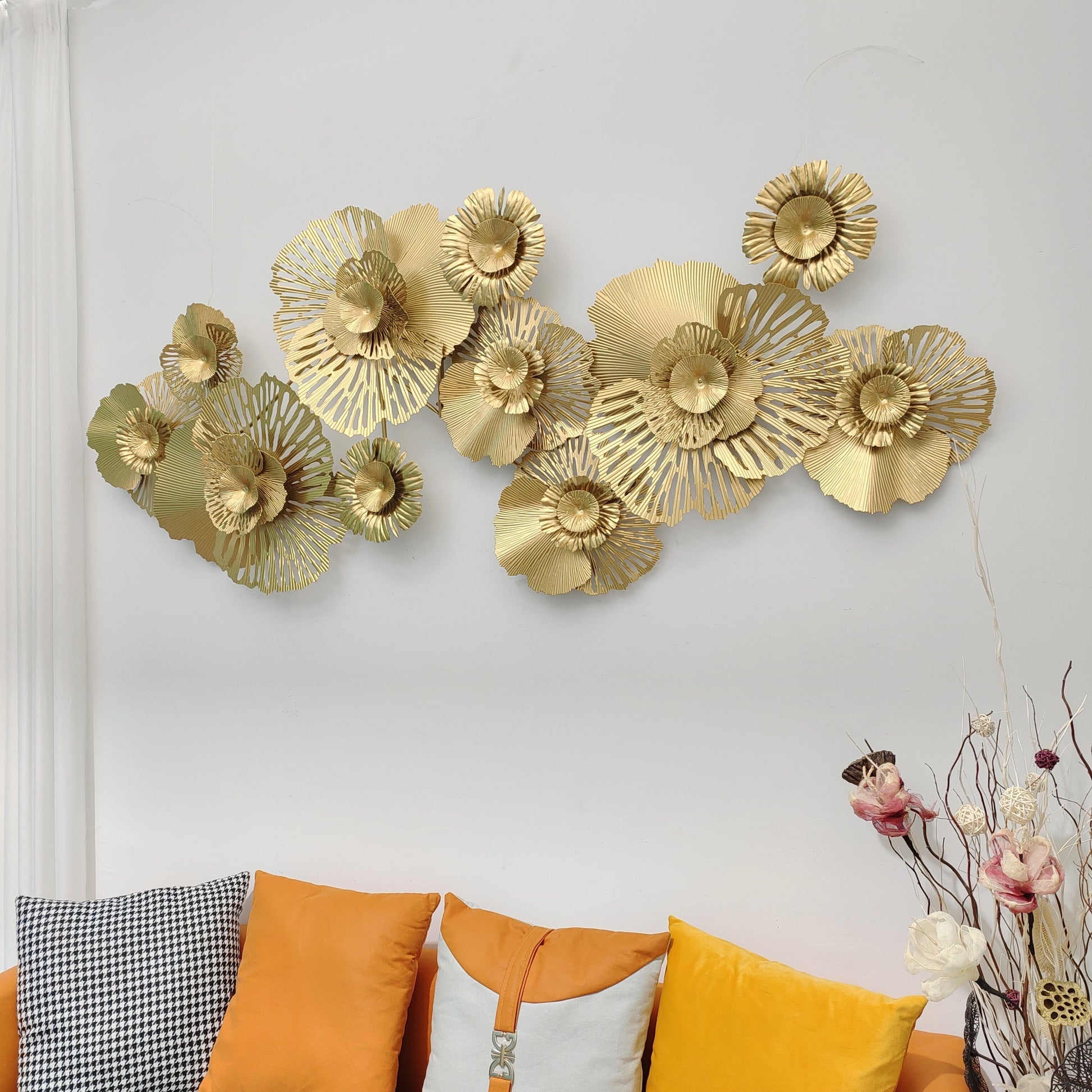 Handcrafted 3D Hollow Gold Metal Flower Wall Accent