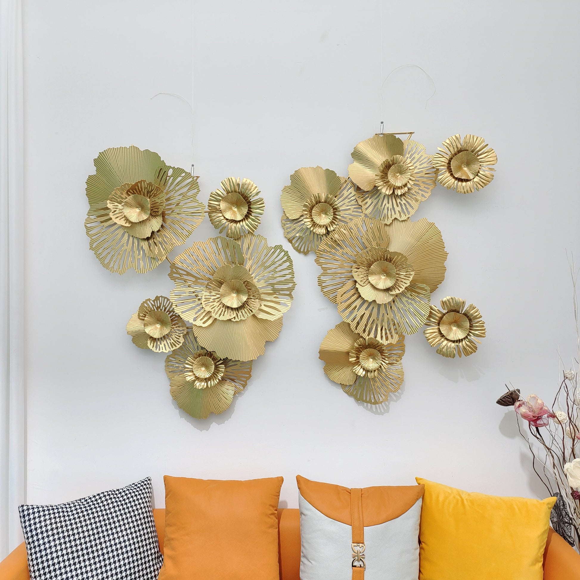 Handcrafted 3D Hollow Gold Metal Flower Wall Accent