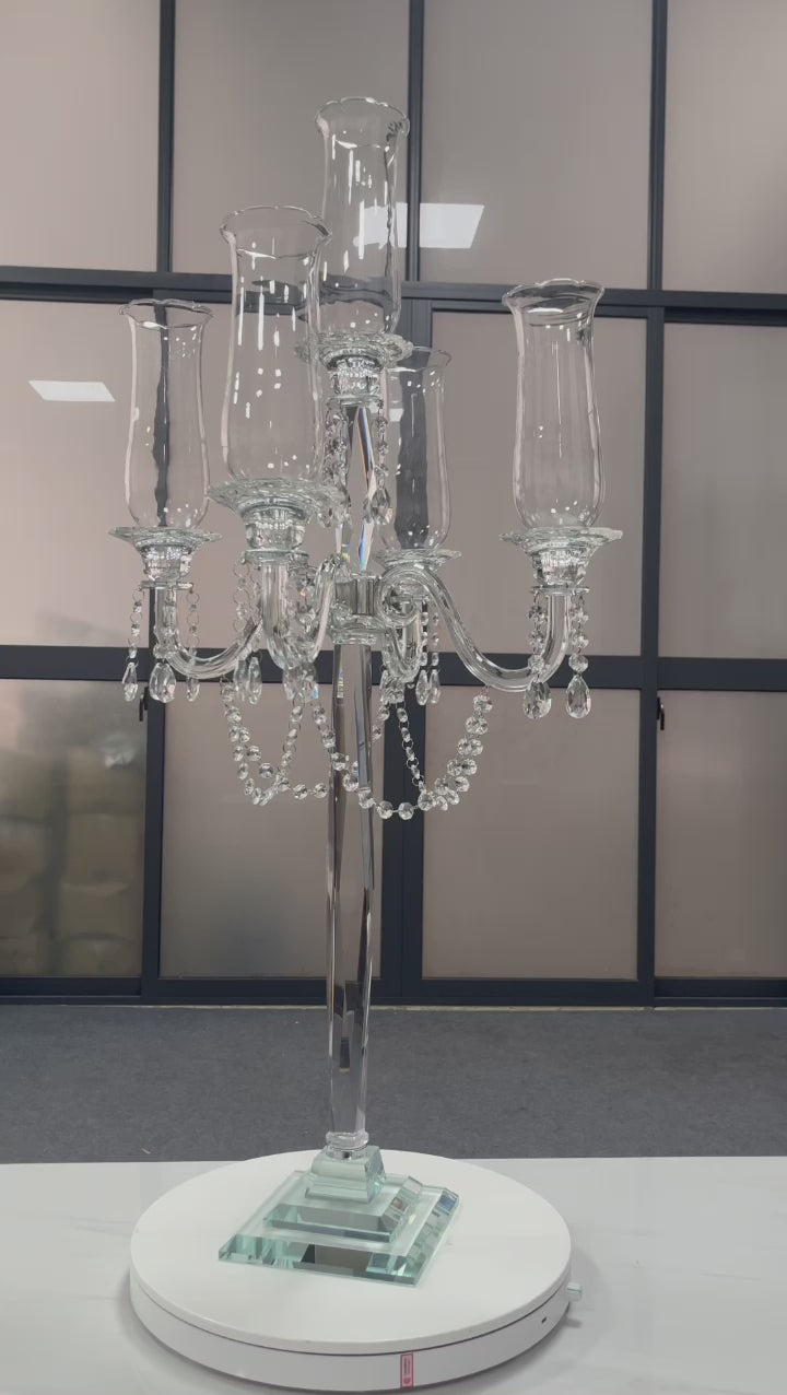 5 Arms 40" Tall Crystal Glass Candelabra Tabletop Centerpieces | Event table dining hall candelabra | Party  Candle Holders